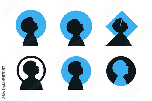 Sky Gazing Logos. Why the sky is blue. Set Logo of child gazing sky: silhouette of figure looking up at bright blue sky. harmonious logo variations of the same