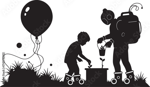 Silhouette of two children planting a small tree with a balloon floating above in a grassy outdoor setting
