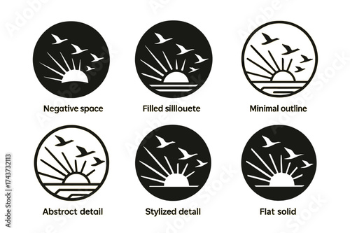 Migratory Bird Emblems. A flock of birds migrating across the sky at sunset, silhouetted against the colorful horizon. Set Logo of migratory emblem: circular