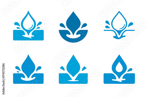 Droplet Logo Variations. Drain cleaning chemicals. Set Logo of droplet dissolve: liquid droplet breaking through clog. harmonious logo variations of the same