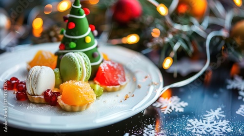 Festive Christmas Dessert Plate with Macarons and Fruit Decorated with Holiday Tree and Warm Lights