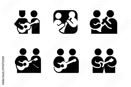Harmonious Logo Variations. Strengthening relationships through shared experiences. Set Logo of musical harmony: two figures playing instruments together.