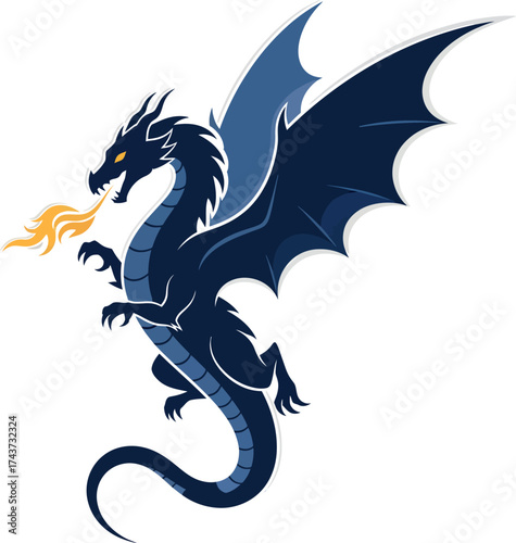 Dark Blue Dragon Breathing Fire - Vector Art