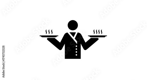 Waiter holding dish black white icon 