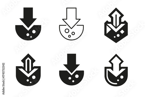 Dynamic Arrow Logos. Drain cleaning chemicals. Set Logo of strong arrow: downward arrow penetrating clog. harmonious logo variations of the same emblematic