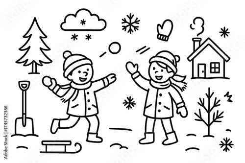 Winter Fun Doodle. Throwing Snowballs. Hand-drawn doodle illustration Throwing Snowballs snowball, glove, hat, scarf, coat, boots, smile, mittens, tree,