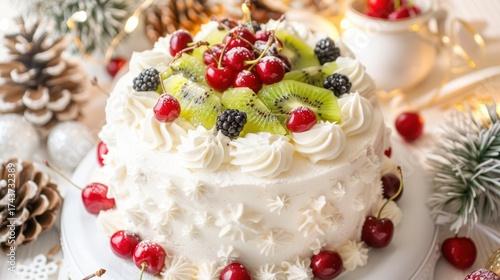 Festive Christmas Fruit Cake with Whipped Cream and Fresh Berries in Holiday Setting