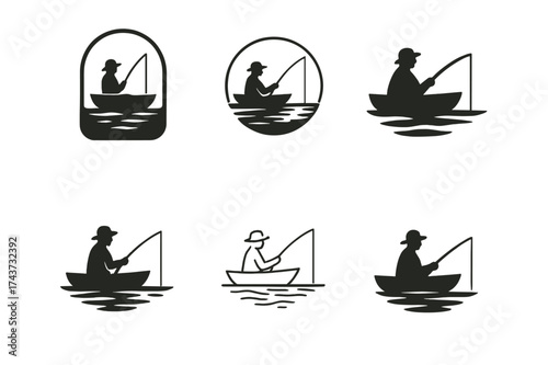 Lake Fishing Logos. Fishing at the lake. Set Logo of boat silhouette: fisherman in small rowboat on lake water. harmonious logo variations of the