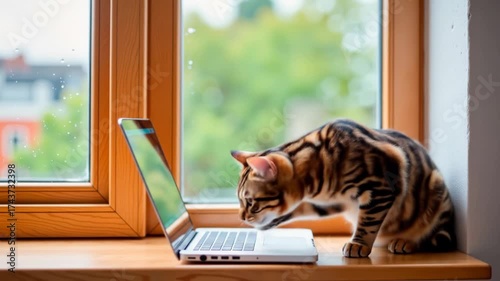 A clever Bengal cat tries to type on a laptop on a windowsill. The unknown life of cats.