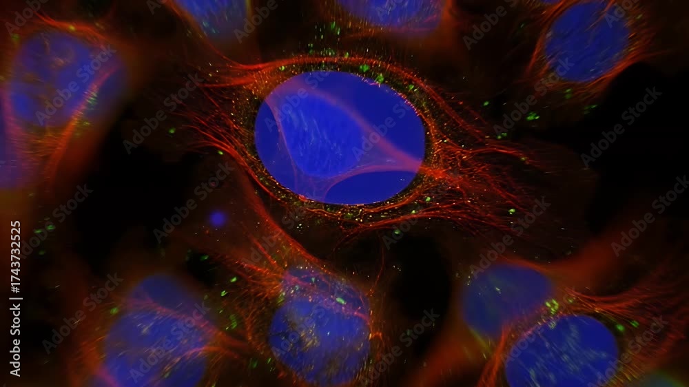 Microscopic View Of Cells With Blue Nuclei And Red And Green ...