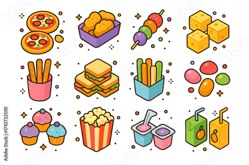Kids Snack Icons. Kids snacks. Colorful isometric vector icons set of kids snacks: mini pizzas, chicken nuggets, fruit kabobs, cheese cubes, pretzel sticks,