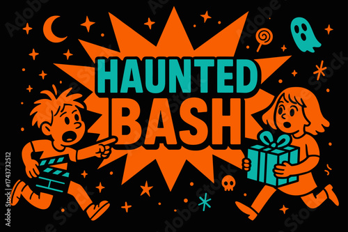 Haunted Bash Extravaganza. Haunted Bash banner, flat vector illustration, bold oversized text inside splash explosion, cartoon characters running and pointing,