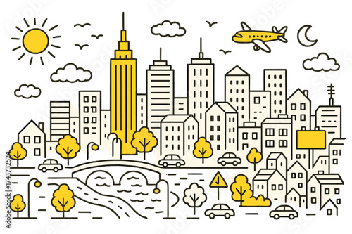 Skyline Panorama Illustration. Skyline Panorama. Hand-drawn doodle illustration skyline panorama skyscrapers (accented), city buildings, clouds, sun