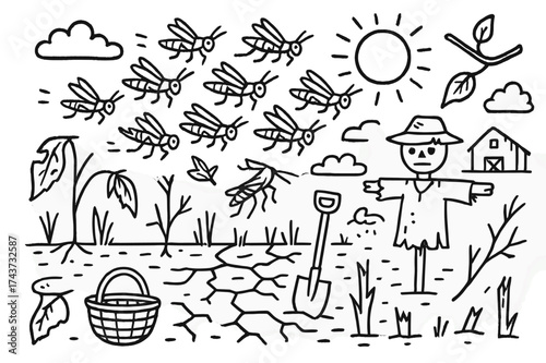 Locust Swarm Chaos. Locust plague. Hand-drawn doodle illustration locust plague swarm of locusts, flying insects, eaten plants, broken stalks, empty field,