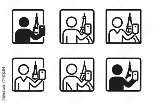 Travel Selfie Logos. Taking travel selfies. Set Logo of photo frame: square with person and background landmark. harmonious logo variations of the same