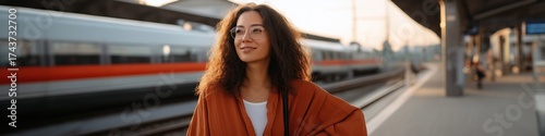 Young adult hispanic female traveling at train station during sunrise