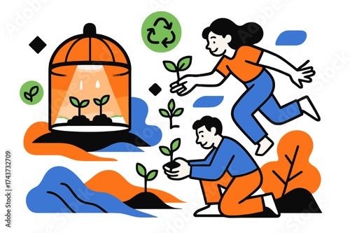 Futuristic Reforestation Scene. Reforestation. Futuristic greenhouse glowing, releasing small saplings into