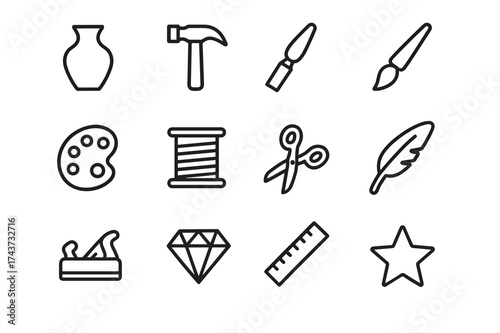 Artisan Tool Icons. Artisan. Line outline icon set of Artisan: pottery vase, hammer, chisel, paintbrush,
