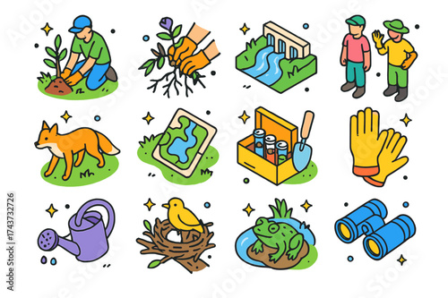 Ecosystem Restoration Icons. Ecosystem restoration. Colorful isometric vector icons set of ecosystem restoration: planting native species, removing invasive