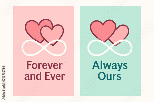 Intertwined Hearts Banners. Romance. Two vertical A6 banners with safe margins, centered composition, no elements touching edges, flat vector design, pastel