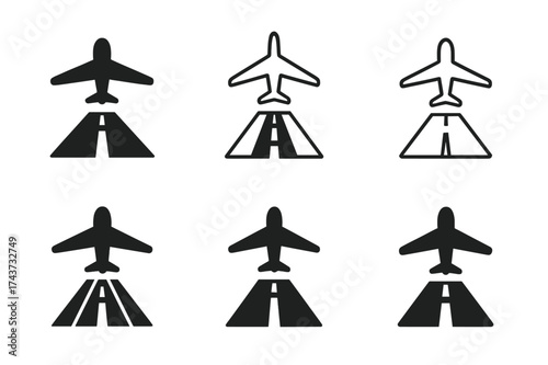 Airport Logo Variations. Infrastructure development in emerging markets. Set Logo of airport: airplane above runway infrastructure. harmonious logo variations