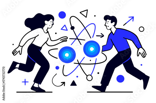 Entangled Particle Symphony. Quantum entangled particles. Glowing particles connected by abstract floating lines, geometric light orbs orbiting to show