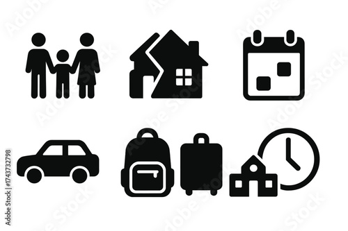 Shared Custody Icons. Shared Custody. Filled icon set of Shared Custody: child holding hands, split house,
