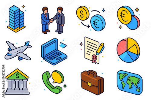 International Business Icons. International business. Colorful isometric vector icons set of international business: skyscraper, businesspeople handshake,