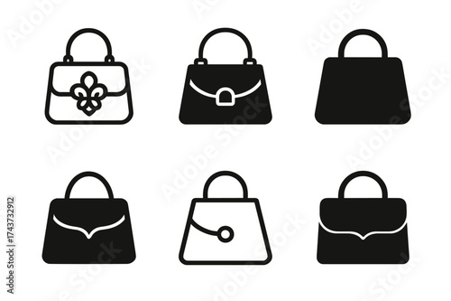 Elegant Bag Logos. Luxury accessories for men and women. Set Logo of handbag: elegant designer bag silhouette. harmonious logo variations of the same