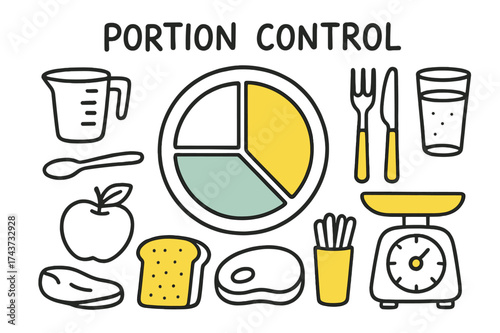 Colorful Portion Control. Portion Control. Hand-drawn doodle illustration plate with sections (colored), measuring cup, fork and knife (colored), spoon, food