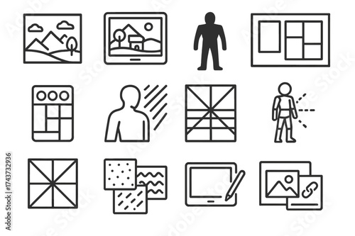 Concept Art Icons. Concept art. Line icon set of Concept art: landscape sketch, environment design, character silhouette, mood board, color palette, lighting