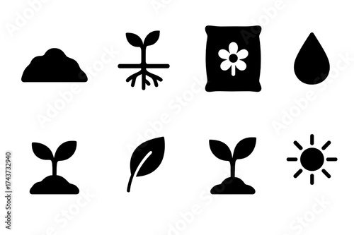 Soil and Nutrient Icons. Soil and nutrients. Filled icon set of Soil and nutrients: soil mound, roots,