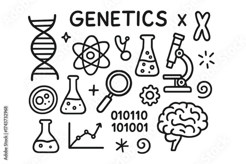 Genetics Doodle Art. Genetics. Hand-drawn doodle illustration Genetics DNA helix, chromosome, test tube, microscope, flask, cell, atom, binary code, magnifying