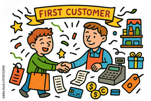 Happy Shopper Scene. First customer. Colorful Hand-drawn doodle Children illustration First customer happy shopper, shopping bag, receipt, cash register,
