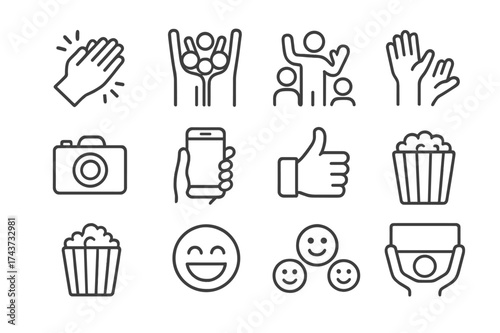 Audience Interaction Icons. Audience interaction. Line icon set of audience interaction: clapping hands, cheering, standing ovation, waving, camera,