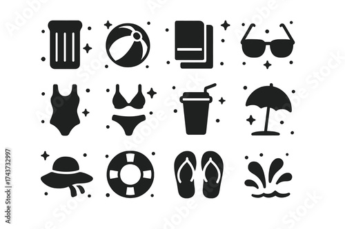 Poolside Essentials Icons. Poolside Fun. Solid icons set of Poolside Fun: Inflatable Float, Beach Ball, Towel, Sunglasses, Swimsuit, Bikini, Drink Cup,