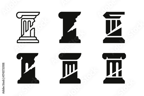 Cultural Heritage Emblems. Lamenting the loss of cultural heritage. Set Logo of broken column: fragmented ancient pillar symbolizing heritage loss. harmonious