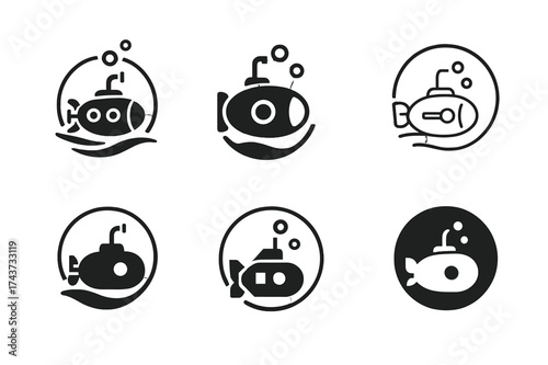 Underwater Exploration Logos. Exploration of ocean depths and undiscovered marine ecosystems. Set Logo of submarine: stylized research submarine exploring