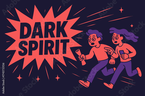Dynamic Banner Design. Dark Spirit banner, flat vector illustration, bold oversized text inside splash explosion, cartoon characters running and pointing,