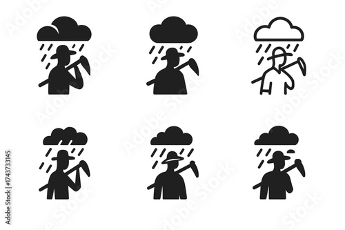 Monsoon Farmer Logo Variations. Impact of monsoons on tropical agriculture. Set Logo of farmer with rain: silhouette of farmer holding tool under storm.