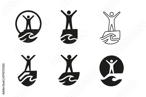 Freedom Emblem Variations. A person standing on a cliff overlooking the ocean, with waves crashing below. Set Logo of freedom emblem: arms raised figure