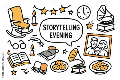 Cozy Storytelling Atmosphere. Storytelling Evening. Hand-drawn doodle illustration rocking chair, open book (colored), glasses, candle (colored), gramophone,
