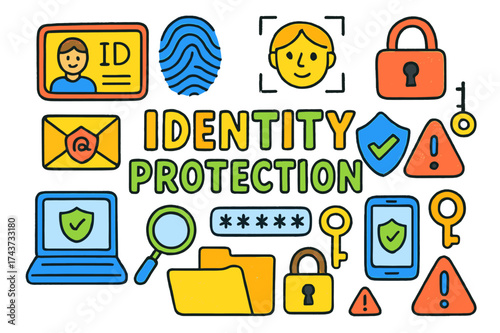 Digital Security Doodles. Identity protection. Colorful Hand-drawn doodle Children illustration identity protection ID card, fingerprint, face recognition,