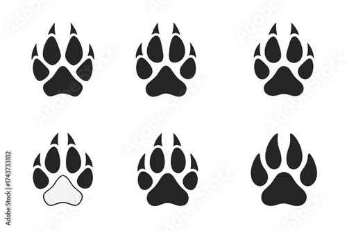 Wolf Track Logos. Animal footprints. Set Logo of wolf tracks: canine paw with sharp edges. harmonious logo variations of the same emblematic concept, each with