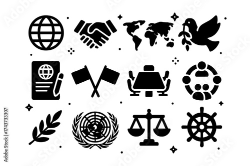 Global Unity Icons. International balance. Solid icons set of globe, handshake, world map, peace dove, treaty document, flags, conference table, unity ring,
