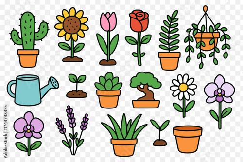 Colorful Plant Doodles. Plants. Colorful Hand-drawn doodle Children illustration Cactus, sunflower, tulip, rose, potted fern, hanging plant, watering can,
