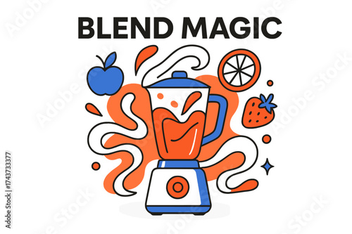 Blender Fruit Swirl. Cooking tools and gadgets. Abstract glowing blender with floating fruits and liquid