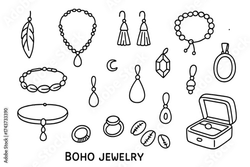 Boho Jewelry Doodles. Boho jewelry. Hand-drawn doodle illustration boho jewelry feather pendant, beaded necklace, tassel earrings, bracelet, anklet, charm,