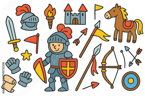 Colorful Knight Doodle. Knight. Colorful Hand-drawn doodle Children illustration Helmet, armor, sword, shield, horse, flag, torch, castle, arrows, bow, lance,