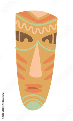 Wooden elongated spirit mask. Flat color illustration of an isolated object. Object of Native American Indians. Religious objects for rituals. History, ancient drawings